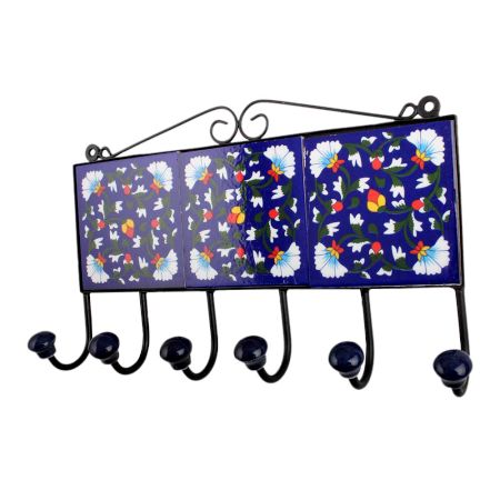Navy Blue White Floral Tiles Hooks